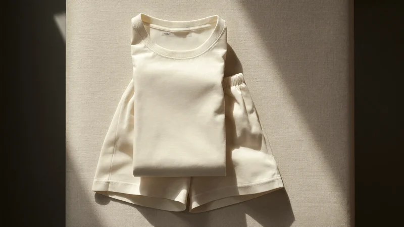 Completo estivo in cotone per bimbi piegato su una superficie di lino